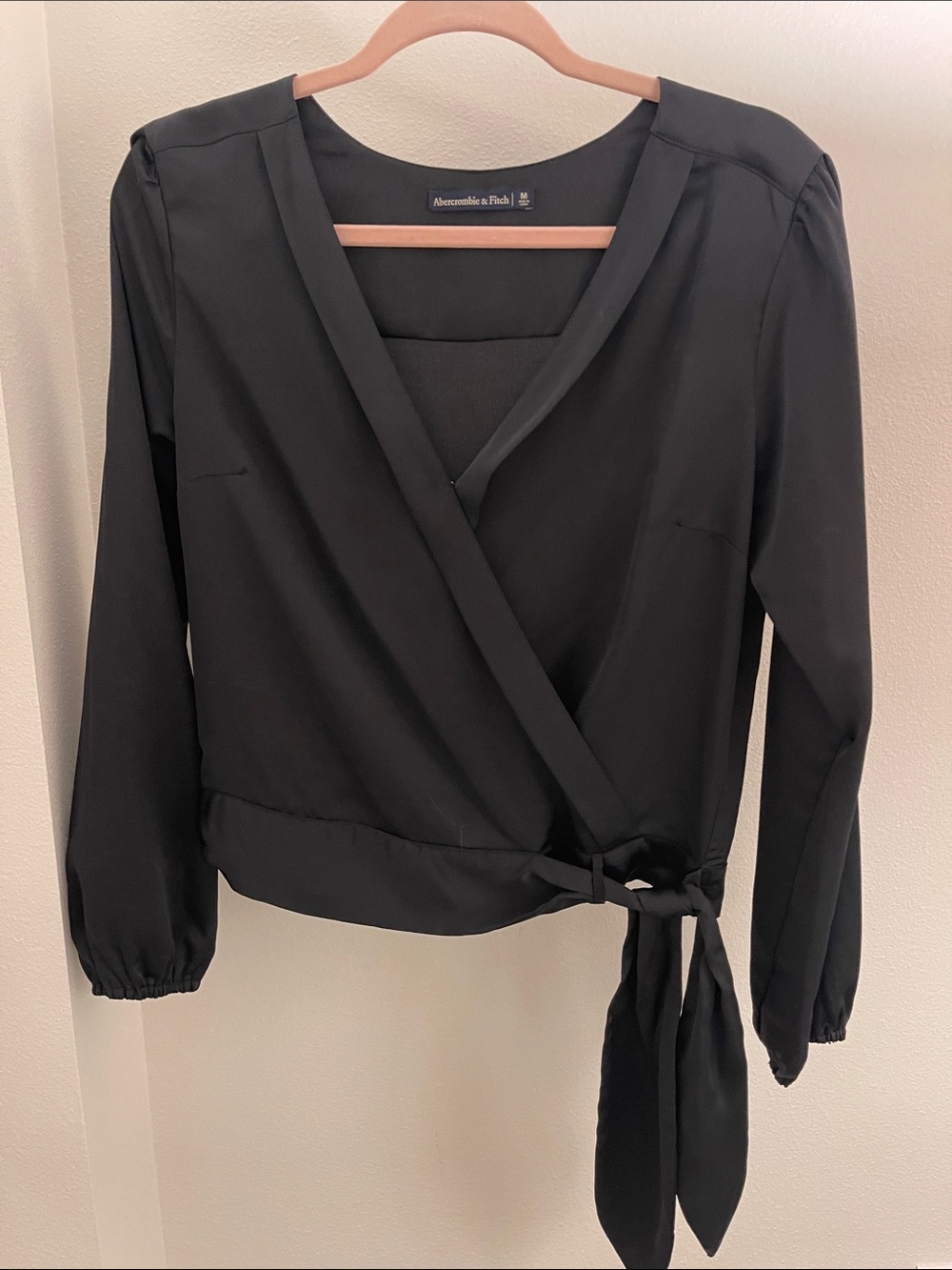 Abercrombie & Fitch Satin Black Wrap Tie Cropped Top Blouse with Long Sleeves